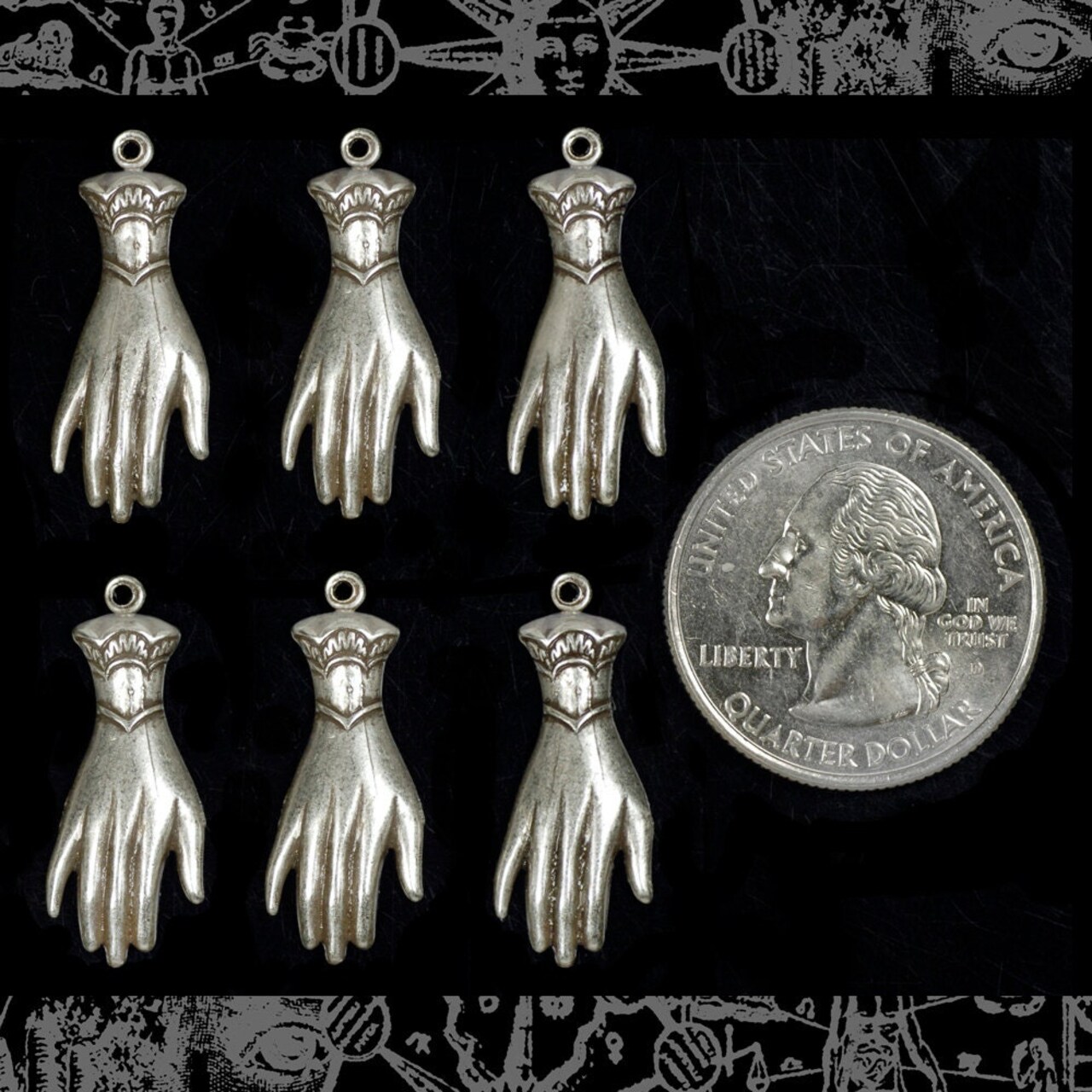 Antiqued Silver Plated Brass Hand Charms with Ring on Wrist - Set of Six - S-C157